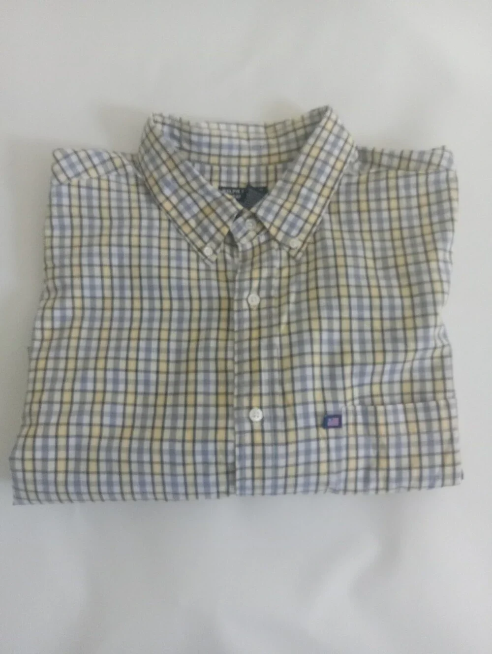 Polo Jeans Co Ralph Lauren Button Mens XL Cream Blue Plaid Short Sleeve Shirt